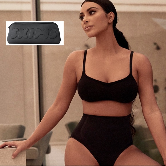 SKIMS Contour Bonded High Rise Stretch Woven Thong with Logo Pouch in Onyx NEW
